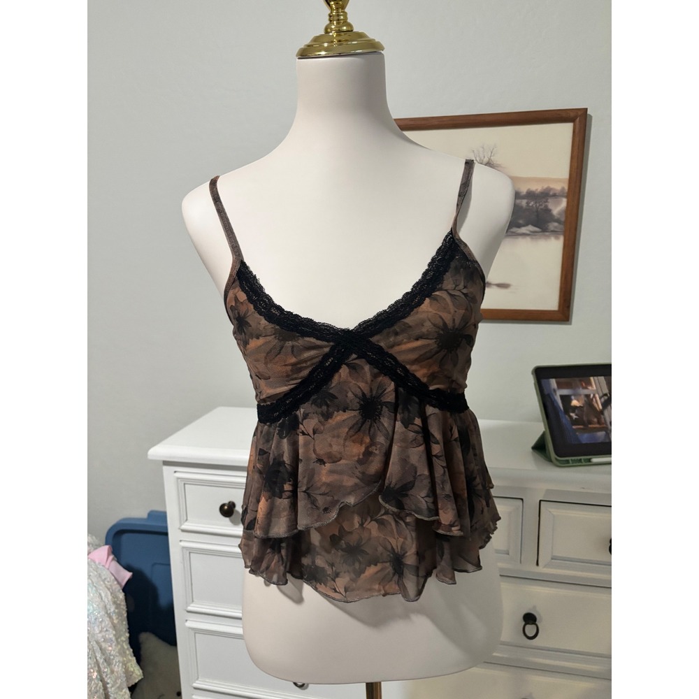 Windsor Floral Mesh Camisole Brown Black Lace Trim Tiered Ruffle Tank Top Small